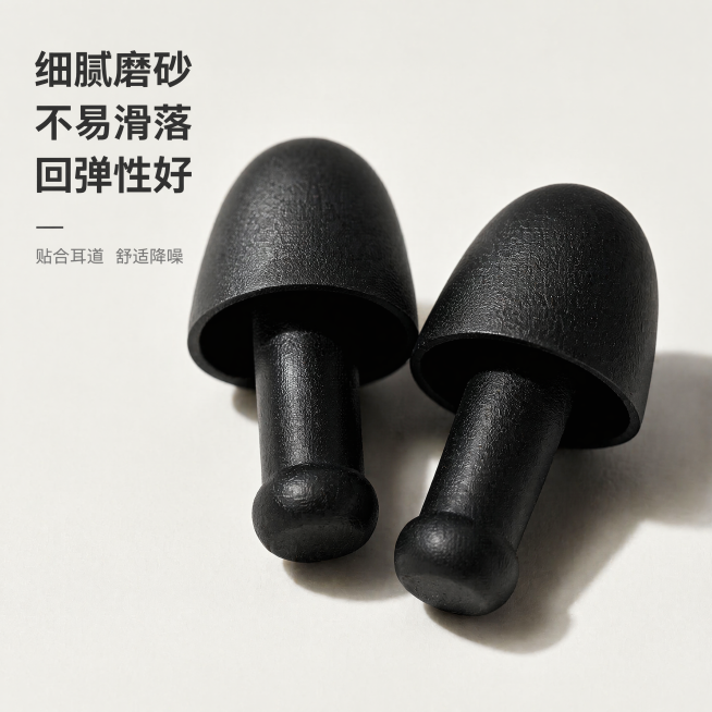 [主图-4] 黑色睡眠降噪耳塞商品图。保持黑色耳塞外观、物理结构、材质质感与输入图片一致，杜绝任何变形和色差，精细化处理。放大展示耳塞表面磨砂纹理和底部圆润细节，微距特写展示材质做工。背景为纯净浅灰白预览效果