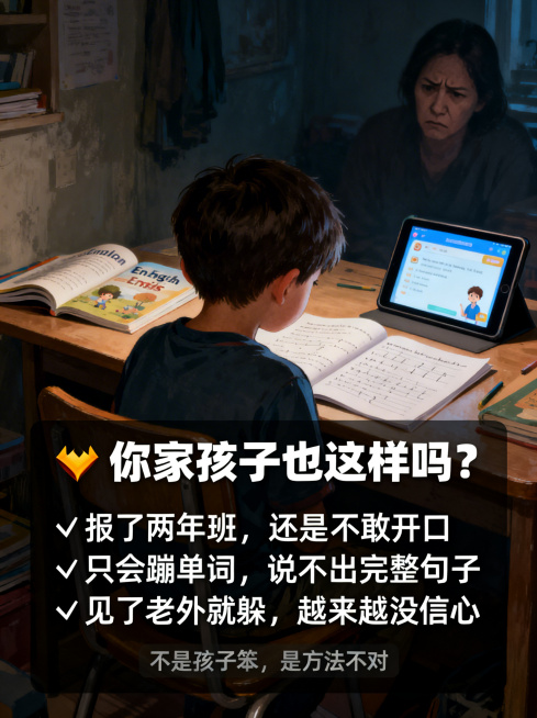 一个6-7岁的男孩背对镜头坐在书桌前，背影显得沮丧和焦虑，书桌上摊开着英语课本和作业本，旁边放着一个平板电脑（屏幕是课程界面，但孩子没在看），房间光线偏暗，营造压抑氛围，角落可以模糊看到家长皱眉的身影预览效果