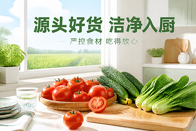 电商轮播主图，新鲜蔬菜厨房场景主题。画面以清新明亮的现代厨房为主要场景，浅色调橱柜、白色台面、大窗户透进自然光，窗外可见蓝天白云和远处的菜地田园风光。厨房台面上精心摆放着刚从地里采摘的新鲜蔬菜：红彤彤的西红柿堆放在竹篮里，翠绿带刺的黄瓜斜靠在旁，鲜嫩欲滴的青菜铺在木质砧板上，蔬菜表面都带着水珠，新鲜诱人。旁边搭配有陶瓷餐盘、玻璃水杯、香草小盆栽等厨房生活元素。画面上方有醒目的大字主标题"源头好货 洁净入厨"，粗体深绿色中文字，字号大且突出；主标题下方是辅助小字"严控食材 吃得放心"，细体墨绿色中文字。整体风格清新自然、大气干净，以清新蓝绿色调为主，营造健康食材从田间到厨房的品质感，商业摄影质感，超高清，文字清晰锐利。