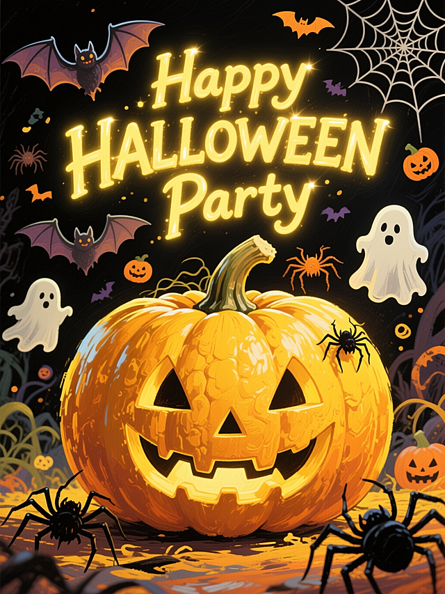 厚涂风格，黄黑色调。画面中心是一只可爱南瓜灯，顶部有荧光感文字 “Happy HALLOWEEN Party”，点缀万圣节元素。