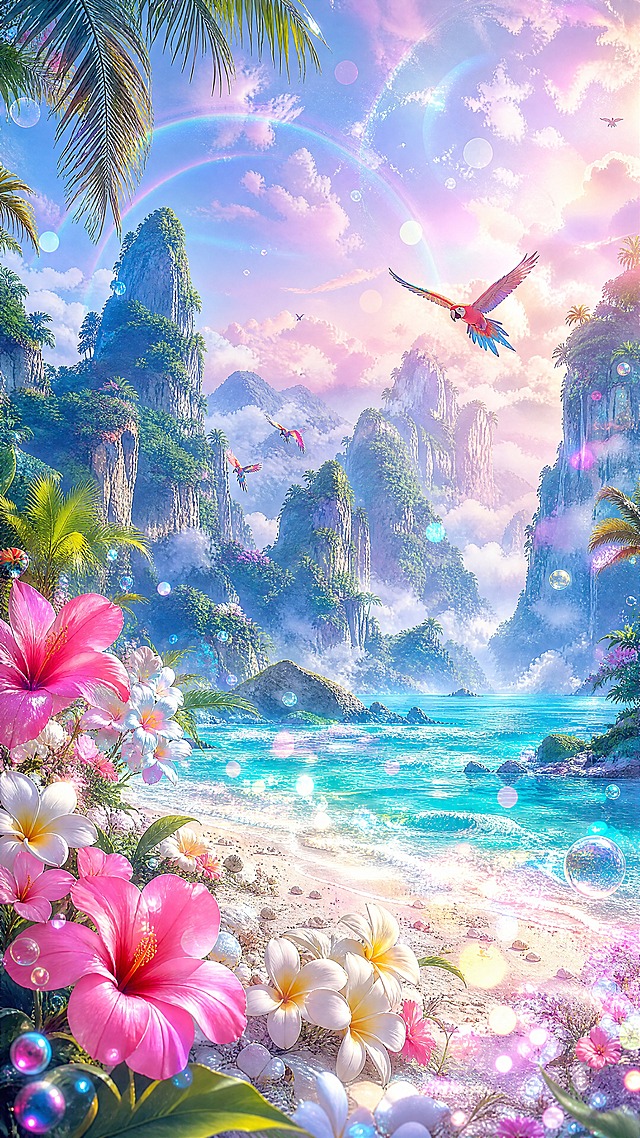 手机竖屏壁纸，令人惊叹的梦幻奇幻山水风景，国风动漫风格，新海诚美学。高耸的热带石灰岩岛屿，茂密的棕榈树，云雾缭绕的碧绿泻湖，发光的生物荧光海浪。前景：极其细致的盛开的粉色木槿花和白色鸡蛋花，漂浮的发光气泡和闪烁的光粒子，沙滩上闪烁的贝壳。中景：层峦叠嶂的翠绿岛屿，飞翔的色彩斑斓的鹦鹉。背景：雄伟的远山隐入梦幻的粉彩晨雾中，柔软的虹彩云朵，空灵的彩虹光晕，清澈的粉彩色天空。梦幻柔和的灯光，发光的散景，神奇的童话氛围，电影级光影，体积光，明亮鲜艳的色彩，超高细节，8k分辨率，杰作。禁止出现：文字、水印、签名、标志、人物、建筑。