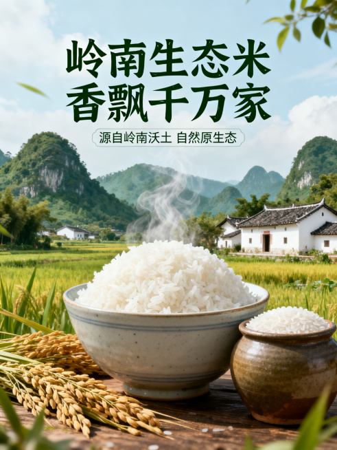 岭南绿源生态农业公司大米海报，主视觉是一碗冒着热气的白米饭，旁边摆放着稻穗和装满大米的陶罐，背景是岭南风格的乡村田园风光，有青山绿水和白墙黛瓦的农舍，上方突出显示“岭南生态米 香飘千万家”，下方标注“预览效果