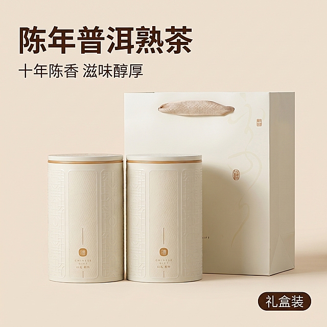 [主图 1] 陈年普洱熟茶礼盒包装首图。[氛围风格] 轻奢简约时尚，突出产品品质感；[画质] 商业摄影质感、光线柔和通透、产品清晰真实、画面干净高级。[元素] 米白色双罐茶叶包装盒和手提礼袋居中展示，包装完整清晰，商品主体占比约70%，浅米黄纯色背景干净高级。保持产品外观（物理结构、材质质感、颜色）与输入产品图绝对一致，杜绝任何变形和色差，精细化处理。画面满屏无边框。[光影] 正面柔和柔光，均匀勾勒包装轮廓，浅色背景衬托产品，明暗层次干净通透，无杂乱阴影。[配色] 主色调米白浅黄，搭配深棕色茶叶文字对比。[视角构图] 平视角居中构图，景深较浅背景虚化，焦点清晰落在包装上。[文字版式] 左上负空间左对齐留安全边距，主标题“陈年普洱熟茶”深棕色大号粗体，副标题“十年陈香 滋味醇厚”约半高同色系。右下角小标签“礼盒装”。[比例分辨率] 1:1 比例，2k 分辨率；文字清晰锐利，超高清。[负向提示词] 变形，水印，文字错乱，产品图模糊，背景杂乱。