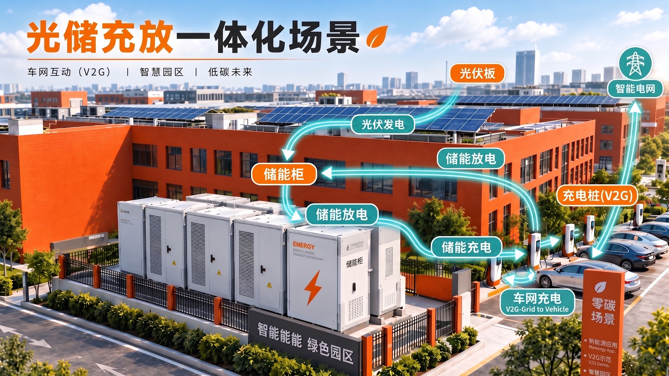 把光储充一体化零碳园区的改成光储充放一体化场景带V2G概念 - 图片创意预览
