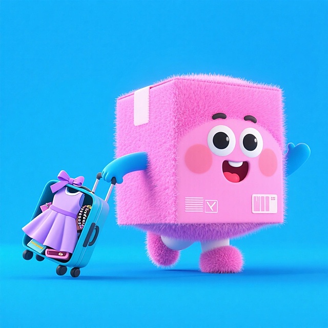 粉色毛绒立方体拟人角色，3D卡通风格，萌趣可爱，拖着行李箱满载梦幻礼服，充满童趣与双11节日氛围。