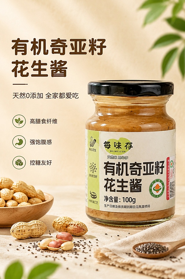 [第1屏] 详情页头图-有机奇亚籽花生酱食欲氛围海报。本屏使用【图1】作为商品主体。
[氛围/风格] 自然健康有机风，温馨浅暖底色，清新简约，商业食品摄影质感，还原参考图干净高级的设计风格。
[元素布局] 商品放置在画面右侧偏中位置，占比约65%；左侧预留主副标题区域，底部点缀散落花生和奇亚籽原料，背景是浅米色质感纹理，商品瓶身结构、包装文字与原图一致。
[光影质感] 左侧柔暖主光，右侧自然投影，瓶身保留玻璃高光质感，整体画面干净通透。
[配色色系] 全局底色 #F7F1E5，主色为浅米底色，辅助色为自然绿色、深棕色文字，点缀花生浅棕色。
[视角构图] 正面微侧视角，产品为视觉中心，阅读动线左侧标题→右侧产品→底部装饰。
[文字版式] 左文右图版式，左上角主标题「有机奇亚籽花生酱」，副标题「天然0添加 全家都爱吃」，均使用圆角深棕色字体，主标题字号更大加粗；左下角三个小卖点图标标注「高膳食纤维」「强饱腹感」「控糖友好」，文字不遮挡瓶身主体，保持清晰可读。
[比例分辨率] 9:16 竖版比例，4K分辨率，文字清晰可辨，高清画质。
[负向提示词] 瓶身变形，包装文字错乱，颜色偏差，水印，文字过小，产品图模糊，杂乱背景