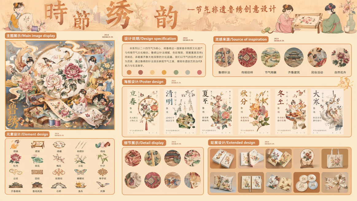 参考图片风格，重新生成画面内容「图片1」，要主题为非遗鲁绣的，预览效果