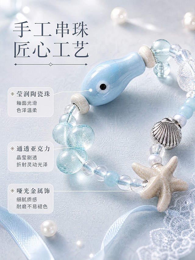 [商品] 使用【图5】海洋之心串珠手链细节图；保留小鱼陶瓷珠、透明亚克力珠、海星、贝壳金属饰的全部材质和颜色；增强陶瓷釉面温润感、亚克力通透感和金属细腻光泽。
[画面] 页面目标：细节质感，展示三重材质工艺。构图：斜向对角线构图，手链从左上延伸到右下，主体占画面65%，微距特写视角；画面左侧垂直排列三个材质卖点，用细引线分别指向对应珠子；背景是浅灰蓝色带细腻肌理，角落点缀小珍珠和淡蓝色缎带。
[视觉] 套系策略：风格=治愈芭蕾风精致商业摄影；标题字=纤细优雅宋体衬线体；正文字=简洁细黑体；主色=浅灰蓝色；背景延展=基于浅灰蓝做深浅渐变、细腻肌理和柔化光斑层次；强调色=奶油珍珠白，仅用于小面积装饰点、引线和标签；标题色=深灰蓝色；正文色=中灰蓝色；组件=细菱形分隔线、珍珠装饰点、柔边半透明底；光影=柔光微距布光，高光柔和，质感细腻。
[文字] 画面顶部左侧放主标题「手工串珠 匠心工艺」，深灰蓝色大字号；下方三个卖点分别标注：「莹润陶瓷珠 釉面光滑 色泽温柔」「通透亚克力 晶莹剔透 折射灵动光泽」「哑光金属饰 细腻质感 耐磨不易褪色」，中灰蓝色中号字，每个卖点前加小菱形符号；文字清晰可读。
[规格] 图片比例3:4竖版，4K，避免变形、错字、文字过小、廉价塑料感、杂乱背景、绝对化用语。