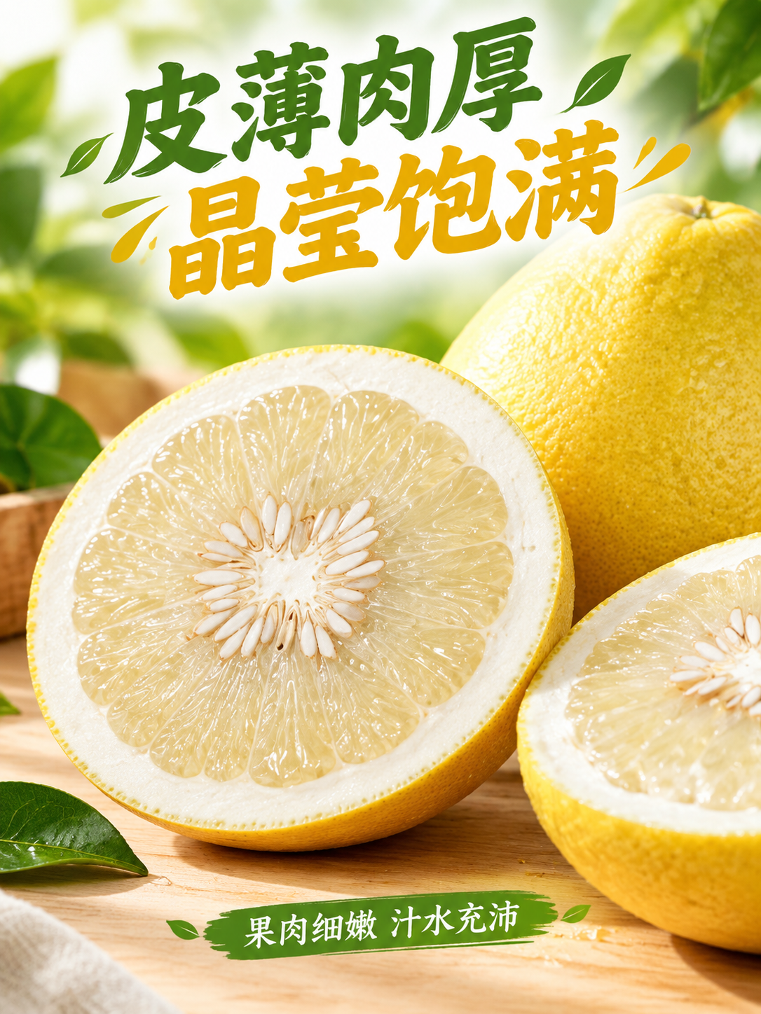 白心蜜柚对半切开切面特写摄影，果肉洁白晶莹饱满，果粒清晰有光泽… - 图片创意预览