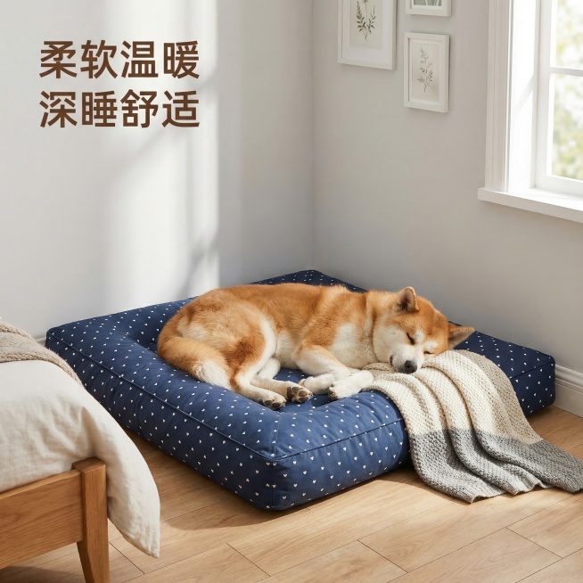 狗狗窝舒适体验主图，舒适简约家居治愈风，温馨卧室自然光。藏青爱心印花方形狗窝放置在卧室墙角床边，一只温顺的中大型秋田犬蜷缩在窝中深度睡眠，姿态放松，整体产品完整展示。背景是浅原木色地板，浅灰色墙面，床预览效果