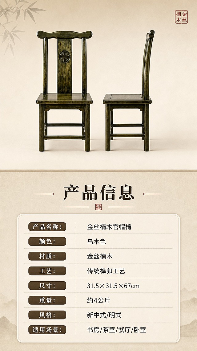 [商品] 使用【图1】金丝楠木官帽椅（乌木色）；保留整椅结构与颜色，椅子正侧面标准展示，用于参数页配图。
[画面] 目标：规格参数页，完整展示产品信息。上下分区构图，上方约45%为椅子正侧面标准展示，下方约55%为参数表格区。椅子位于上半部分中央，正侧面角度，背景为浅米色渐变底。下方参数表区域为米白色卡片式设计，简洁清晰。
[视觉] 套系策略：风格=新中式东方雅致商业摄影；标题字=宋体粗体（思源宋体Heavy）；正文字=简洁黑体（思源黑体Regular）；主色=乌木深绿棕；背景延展=基于乌木棕做深浅层级、米杏色宣纸质感底、同色系渐变；强调色=朱砂红，仅用于小面积印章、引线和标签；标题色=深炭棕；正文色=暖灰棕；组件=细线引线、圆角米白底信息卡、中式印章元素；光影=均匀柔光，清晰展示椅子轮廓。
[文字] 参数表标题「产品信息」，表格内容：「产品名称：金丝楠木官帽椅」「颜色：乌木色」「材质：金丝楠木」「工艺：传统榫卯工艺」「尺寸：31.5×31.5×67cm」「重量：约4公斤」「风格：新中式/明式」「适用场景：书房/茶室/餐厅/卧室」。表格清晰易读，行间距适中。文字均横排。
[规格] 图片比例9:16竖版，1K，high quality。避免变形、错字、文字过小、冷蓝背景、参数模糊、出现极限词。