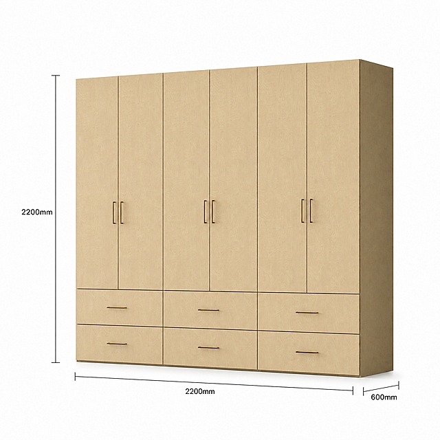 将图中总宽度标注的2100mm改为2200mm，柜体宽度按比例相应加宽，保持六门结构、抽屉数量、把手位置、总高度2200mm、总深度600mm不变，其余材质、木纹、标注样式、白底背景、阴影、透视角度均保持不变，标注文字为黑色标准字体，工整清晰