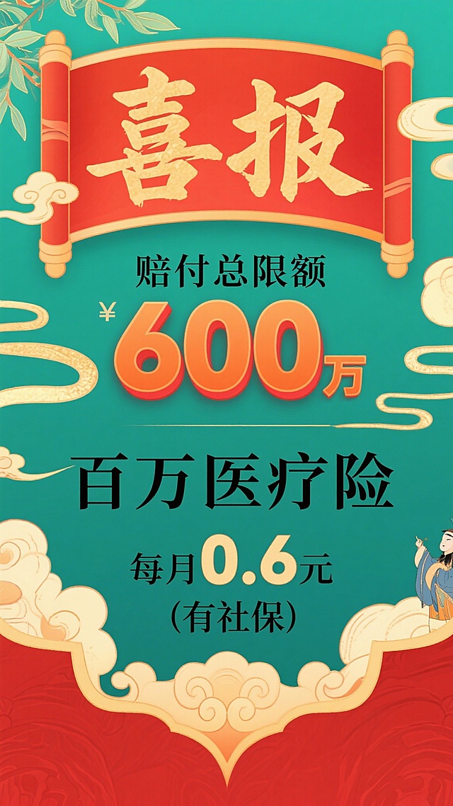 修改主标题"600万"色彩对比
生成十张中国传统节日喜庆风格宣传海报，最上方用书法大字写着“喜报”，占比约图片1/3，中间文字写着“赔付总限额600万”、“百万医疗险”、下方“每月0.6元（有社保）”，海报整体采用层级化排版，主标题放大醒目，辅助信息有序排列，整体版式平衡稳定，信息传达层次分明，比例 「9:16」