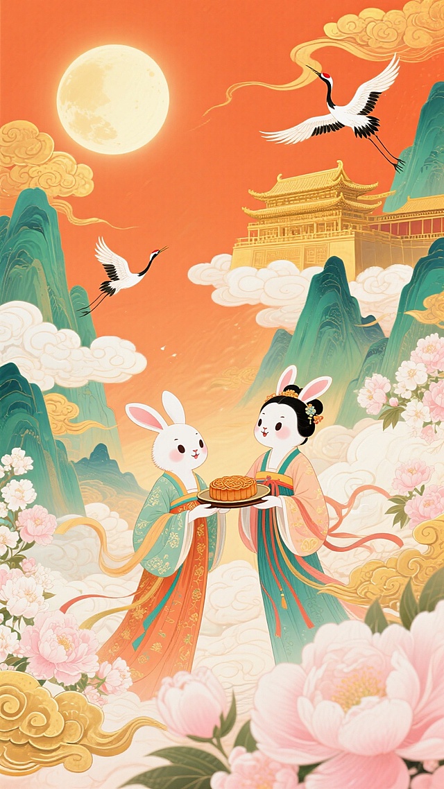 主体为两只拟人化玉兔（身着传统汉服，手持月饼托盘），周围环绕粉白的花卉和金色的祥云。暖橙色的背景：含发光圆月、暖金色宫殿、青绿山水、飞翔仙鹤