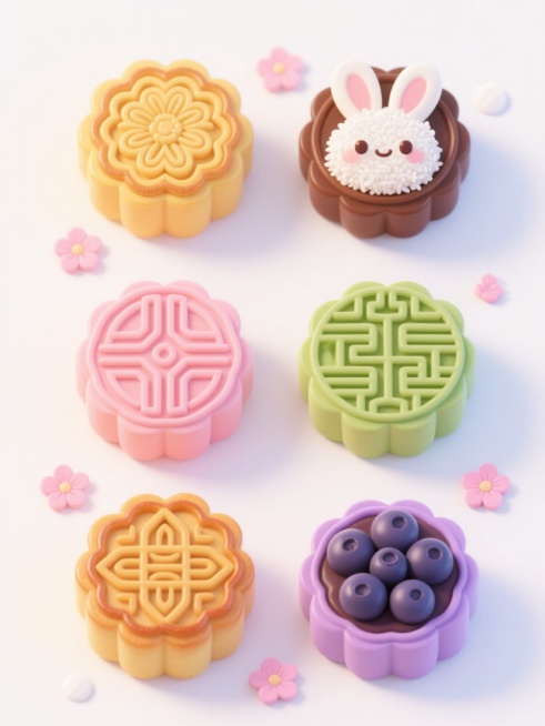 Q版可爱卡通风格，六个不同样式、不同材质、不同配色的月饼整齐排列在纯白色背景上，月饼表面有精致的传统花纹和独特的现代几何图案，分别采用金黄莲蓉、奶白椰蓉、粉红豆沙、深棕巧克力、翠绿抹茶、紫黑蓝莓等不同颜色与材质，每个月饼边缘圆润饱满，带有细腻的光泽感和立体感，周围点缀着粉色小花朵、玉兔耳朵形状的装饰元素，整体画面明亮欢快，充满中秋节日氛围，线条流畅柔和，色彩鲜艳和谐，风格统一且细节丰富。预览效果