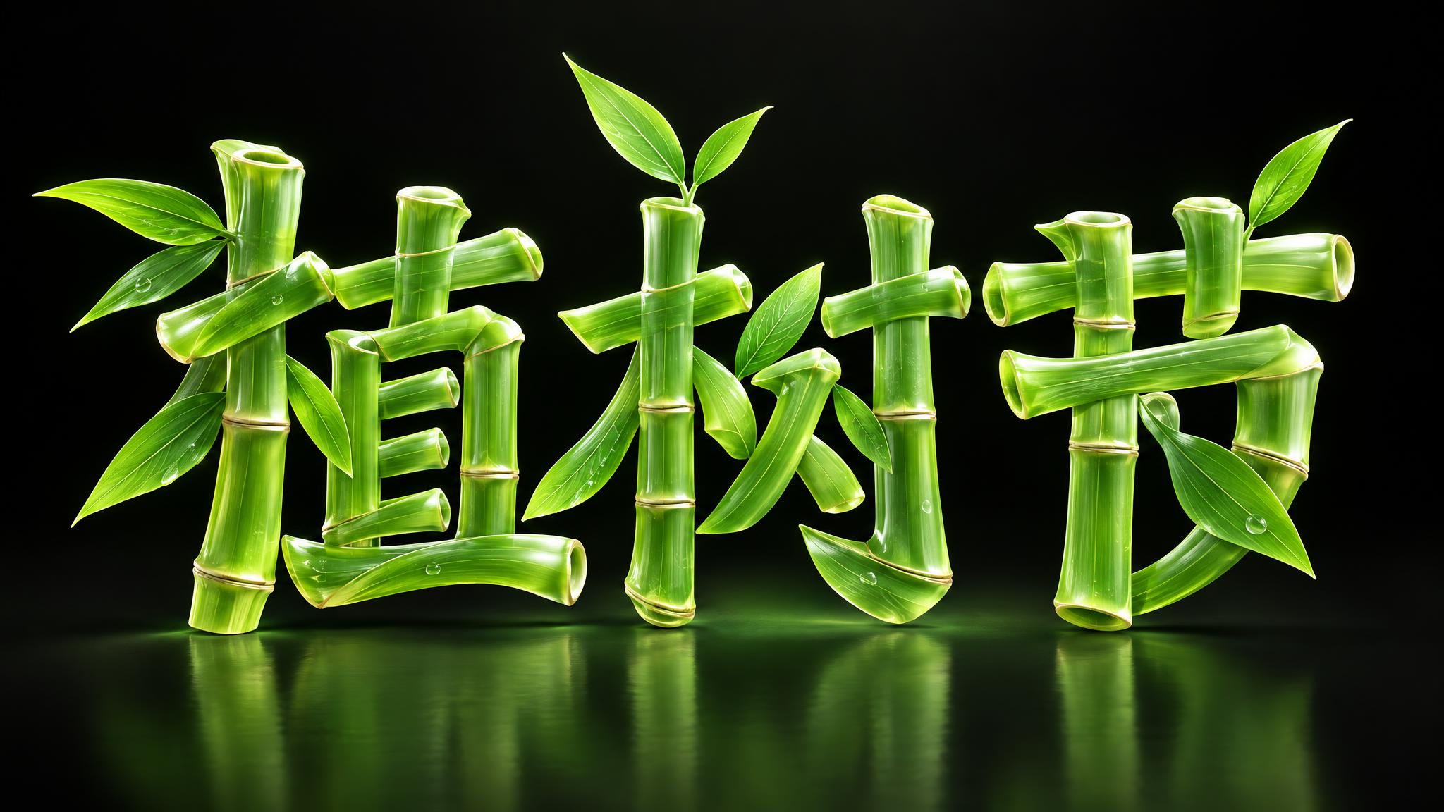 3D立体艺术字“植树节”，整体模拟嫩绿色竹子茎秆质感，笔画带有… - 图片创意预览