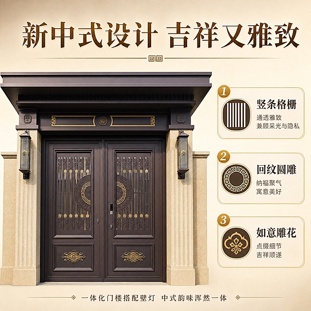[主图-2] 核心亮点，展示新中式设计的三大吉祥寓意与通透雅致特点，用编号卖点导图形式呈现。
[统一基调] 整体风格为新中式高端大宅风，专业品质感；背景主色为深咖色渐变搭配米金点缀，标题字色为米金色，辅助字色为浅米白，强调色为古铜金；字体为端庄宋体类衬线字体，字号层级分明，标题最大最粗，辅助文字缩小60%以上；卡片与边框采用细金线圆角样式，整体干净稳重不花哨。
[画面] 产品门楼双开大门位于画面左侧，正面平视角度，主体占画面约55%，重点展示大门中部的回纹圆雕与竖条格栅细节，双开结构清晰。右侧为三个编号卖点区域，每个配一个小图标与简短说明。背景为浅米色渐变，比首图更亮，突出信息可读性。去除原图中所有杂乱元素，保留门楼大门主体完整。
[光影质感] 商业摄影质感，均匀柔和的正面光，铝艺大门表面纹理清晰，雕花细节突出，阴影柔和不生硬，整体干净明亮。
[配色] 浅米主背景 深咖文字 米金标题 古铜金图标点缀，层次分明。
[文字版式] 顶部大标题「新中式设计 吉祥又雅致」，米金色粗体；右侧三个编号卖点纵向排列：1号配格栅图标「竖条格栅 通透雅致 兼顾采光与隐私」，2号配回纹圆图标「回纹圆雕 纳福聚气 寓意美好」，3号配如意花图标「如意雕花 点缀细节 吉祥顺遂」。每个卖点用深咖色标题加浅灰色小字说明，编号用古铜金圆形底。底部小字补充「一体化门楼搭配壁灯 中式韵味浑然一体」。
[输出要求] 1:1正方形 2048x2048 2K分辨率，文字清晰可读，产品清晰不变形，无错字，无杂乱杂物，无水印，无平台Logo。
