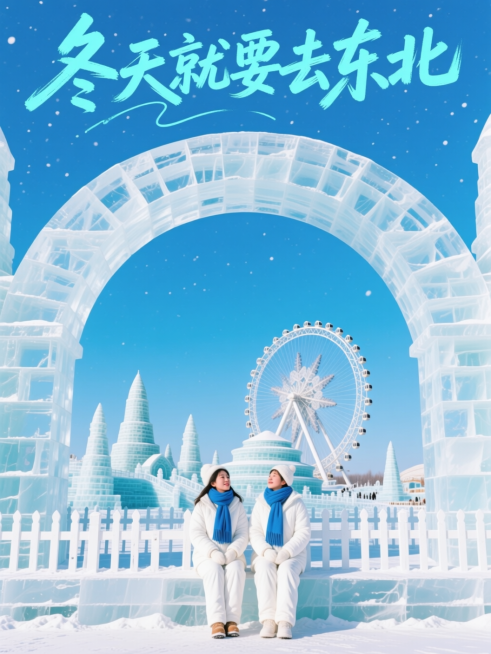 创作一幅写实风的冬日旅行海报，多层嵌套构图。核心元素是上半部分的冰雕拱门，拱门占据画面上方满屏。内部呈现东北冰雪大世界景观（冰雕建筑、摩天轮），人物着白色冬装配蓝色围巾，坐在层层白色围栏前；背景是晴朗预览效果