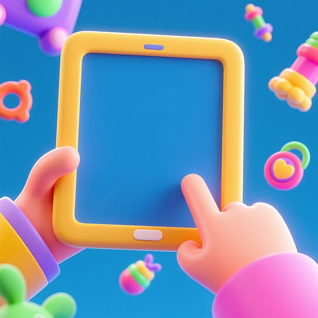 软3D风设计，卡通手握手机，周围漂浮可爱元素，色彩鲜艳，充满童趣。