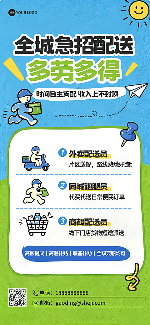 同城配送骑手跑腿员高薪招聘宣传手机全屏海报
