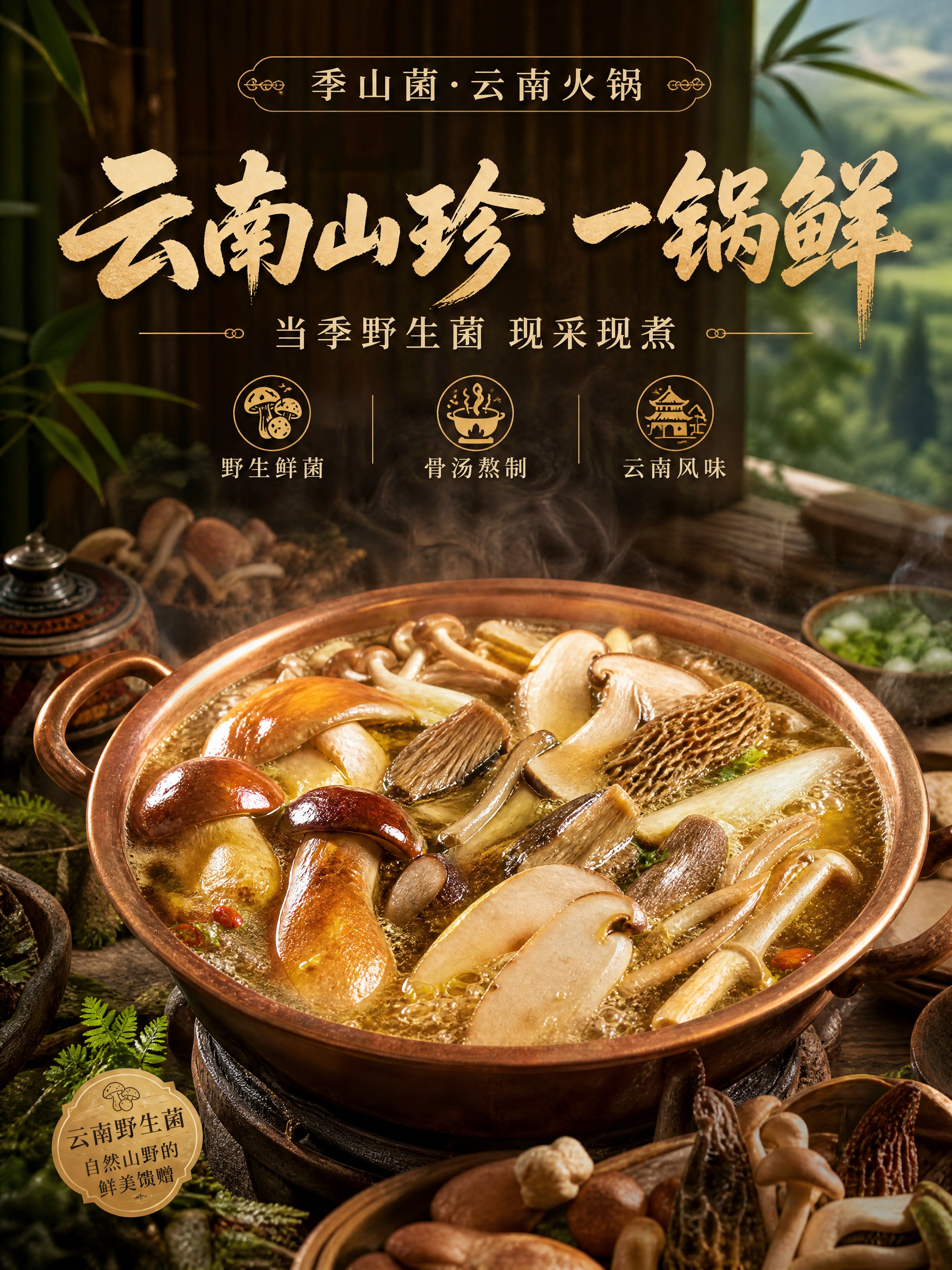 [商品] 季山菌·云南野生菌火锅，铜锅或土陶锅盛装，锅内沸腾的… - 图片创意预览