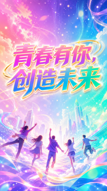 浪漫梦幻多彩青春风格海报，核心配色为粉紫渐变#FF6B81→#9D50BB和蓝绿渐变#36BFFA→#00E676，辅助色金色#FFD700，点缀色白色#FFFFFF，中性色深灰#333333浅灰#F预览效果