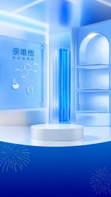 参考原图片蓝色科技美妆促销背景风格，重新生成画面，去掉所有人物和产品，只保留背景。将背景左侧原URIAGE依泉文字修改为亲唯他，整体保持蓝色电商海报背景风格预览效果