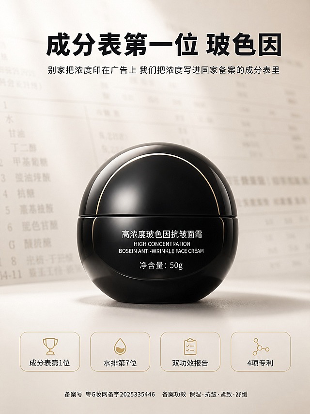[商品] 己洽高浓度玻色因抗皱面霜，黑色球形瓶身，正面标签「高浓度玻色因抗皱面霜」中英文及净含量50g字样，黑色哑光玻璃质感，产品外观与用户提供的面霜产品图一致。

[画面] 第1屏首屏冲击定调，全屏沉浸式构图。产品居中偏下，占画面约50%，正面大图，瓶身标签清晰可辨。背景为虚化的备案成分表纹理墙，文字若隐若现，重度虚化不抢产品。画面上方主标题大字压顶，底部四枚小标横排。整体笃定干净的开场气质，视觉占主导文字极少。

[视觉] 套系策略：风格=高端功效护肤 笃定证据感 商业摄影质感；标题字=思源黑体Heavy；正文字=思源黑体Regular；主色=奶白#F7F3EC；背景延展=基于奶白色做深浅层级、虚化成分表纹理、同色系渐变；强调色=香槟金#C9A96E，仅用于数字高亮、小图标、引线；标题色=墨黑#1B1B1F；正文色=墨黑#1B1B1F；组件=圆角小标签、细线引线、简约图标；光影=柔和影棚光，左上方45度主光，瓶身有柔和高光带，底部自然接触阴影。

[文字] 画面上方主标题：「成分表第一位 玻色因」，40-44pt墨黑色特粗黑体，居中。主标题下方副标题正文：「别家把浓度印在广告上 我们把浓度写进国家备案的成分表里」，16pt墨黑色，居中。产品下方四枚圆角小标签横排：「成分表第1位」「水排第7位」「双功效报告」「4项专利」，12pt墨黑色，小标签有细香槟金色边框。最底部备案信息小字：「备案号粤G妆网备字2025335446 备案功效 保湿·抗皱·紧致·舒缓」，12pt小号字，居中。

[规格] 图片比例3:4竖版，4K，负向：变形、错字、糊字、水印、平台Logo、促销标签、价格、杂乱背景、产品模糊、瓶身变形、第四种颜色、金色滥用、绝对化用语。