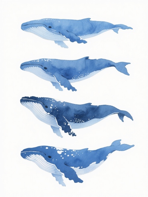 4个不同品种、不同外观的鲸鱼，采用水彩画风格，以蓝色系为主色调，色彩层次丰富，带有自然的水痕晕染效果和白色飞溅纹理，整体呈现清新通透的质感，在纯白色背景上整齐排列，姿态各异但整体协调统一，画面简洁干净，充满海洋的宁静氛围。预览效果