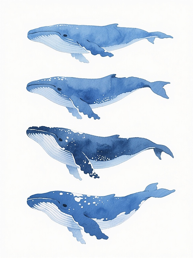 4个不同品种、不同外观的鲸鱼，采用水彩画风格，以蓝色系为主色调，色彩层次丰富，带有自然的水痕晕染效果和白色飞溅纹理，整体呈现清新通透的质感，在纯白色背景上整齐排列，姿态各异但整体协调统一，画面简洁干净，充满海洋的宁静氛围。