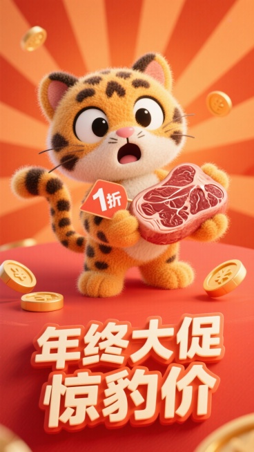 一只卡通豹子惊讶表情，拿着一个带价格标签“1折”的牛排，促销感橙红背景，放射线、金币元素点缀，画面下方3D文字标签“年终大促 惊豹价”。预览效果