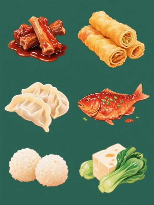 一系列六幅同风格手绘插画，每幅均为单一中国传统美食元素，保持厚涂水彩质感，鲜艳饱和的色彩，清晰的轮廓线和高光表现，纯色背景；从左到右、从上到下依次为：油亮的红烧排骨，肉质纹理分明，酱汁欲滴；金黄的炸春预览效果