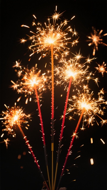 一张高清晰度的礼花摄影照片，黑色纯背景，中央绽放多朵不同样式的绚烂礼花，主要呈现明亮的橙黄色与金色光芒，部分礼花带有红色渐变，细长的烟火轨迹从底部向上四射，末端点缀着闪烁的金色火花，整体光影效果强烈，高光部分明亮耀眼，阴影细节丰富，展现出礼花爆炸瞬间的动态美感与节日欢庆氛围，无任何文字、LOGO及二维码元素。预览效果