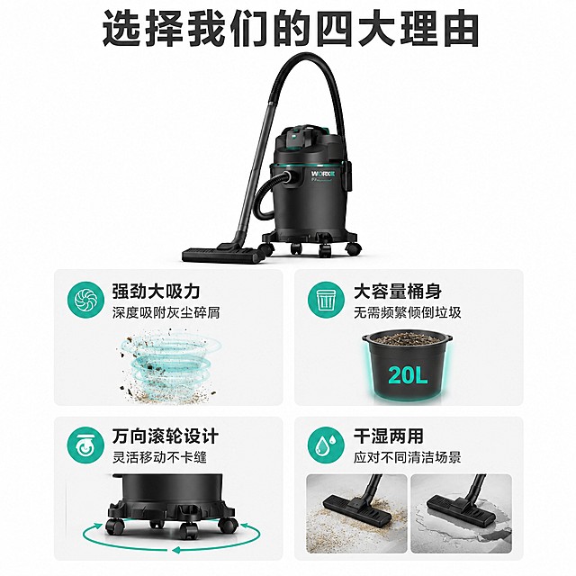 [主图-2] 桶式吸尘器核心卖点推荐理由页
[氛围风格] 专业清晰信息展示风格，简洁有序
[画质] 商业摄影质感、产品清晰真实、文字清晰可读、画面干净高级
[元素] 保持桶式吸尘器外观（物理结构、材质质感、颜色）与输入产品图绝对一致，杜绝任何变形和色差。画面顶部放置吸尘器产品主视觉，下方采用2×2卡片式信息瀑布流结构，每个卡片搭配对应小示意图，展示四个核心卖点，卡片之间留白清晰，层次分明。
[光影] 均匀布光，每个卡片信息清晰明亮，无明显阴影，文字和示意图都清晰可辨。
[配色] 背景白色，卡片浅灰分隔，文字深灰，重点卖点使用产品本身青绿色点缀突出。
[视角构图] 正面平视构图，信息排布整齐有序，整体1:1构图舒适。
[文字版式] 顶部主标题"选择我们的四大理由"，加粗深灰色居中；每个卡片内上方为卖点标题加粗，下方小字说明收益：卡片一「强劲大吸力」「深度吸附灰尘碎屑」；卡片二「大容量桶身」「无需频繁倾倒垃圾」；卡片三「万向滚轮设计」「灵活移动不卡缝」；卡片四「干湿两用」「应对不同清洁场景」；卖点标题字号大于说明文字，颜色对比清晰，不遮挡产品主体。
[比例分辨率] 1:1 比例，2k 分辨率；文字清晰锐利，画面超高清。
[负向提示词] 变形，文字错乱，产品图模糊，背景杂乱，水印，电商平台Logo