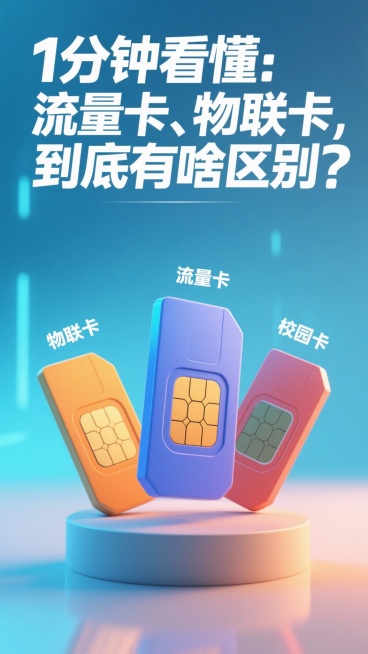 为下方各标题生成一张匹配的视频封面，每一张都要有对应的标题文字+对应视觉
1分钟看懂：流量卡、物联卡、校园卡，到底有啥区别？
流量卡“无限流量”是真的吗？科普背后的限速真相!
流量卡信号强弱，到底取决预览效果