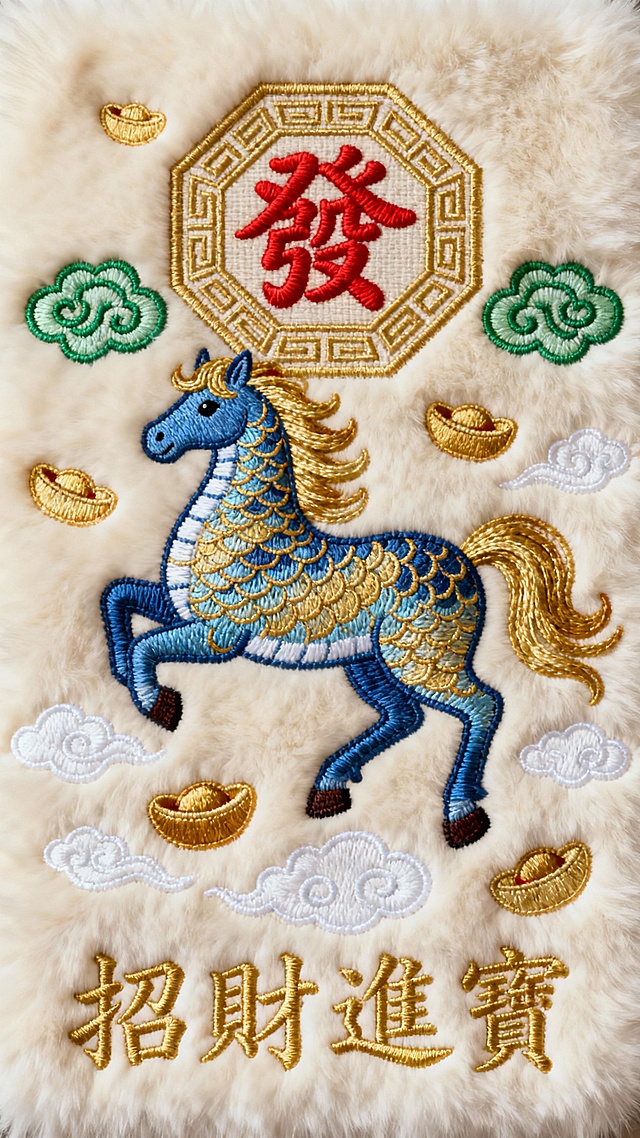 以米白色毛绒质地为背景，上面有精致的彩色刺绣图案。主体是一条色彩鲜艳的马，马身采用蓝色和金色渐变的鳞片刺绣，鬃毛和尾巴为飘逸的金色刺绣，马的姿态活泼灵动。马的周围点缀着金色的元宝和白色祥云刺绣图案。画面中央有一个金色回纹边框的八角形，框内用红色刺绣着繁体字“發財”，字体圆润可爱。八角形的两侧各有一朵绿色的如意云纹刺绣。画面底部用金色刺绣着繁体字“招財進寶”。整体风格喜庆吉祥，充满发财的主题氛围，色彩以金色、红色、蓝色为主，避免使用黑色和绿色。
