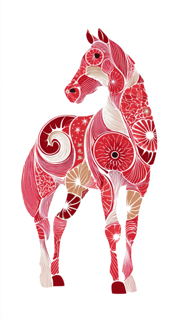 简约扁平矢量风，核心设计： 极简、风格化的马侧影，由曲线和形状构成。
元素融合： 与橘子、鞭炮、中国结等新年图标巧妙结合。
风格与用途： 扁平矢量设计，干净几何，红白金配色，明确适合现代海报、Logo预览效果