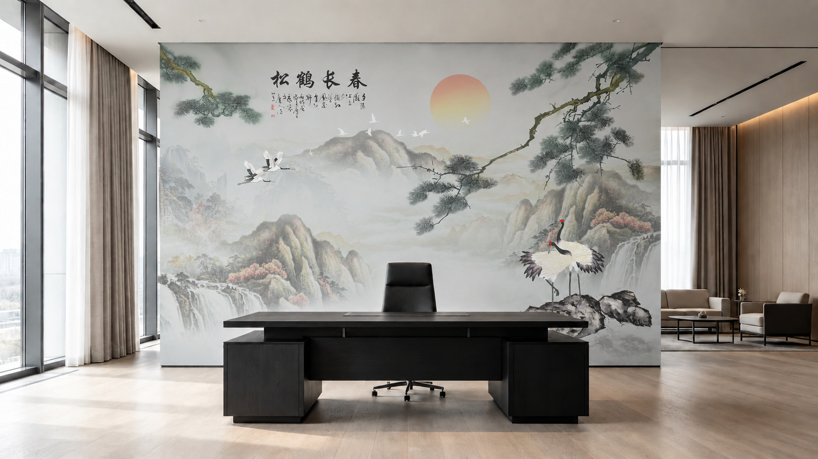 将办公室场景图中办公桌后方的整面白色主墙面替换为刺绣硬包背景墙… - 图片创意预览