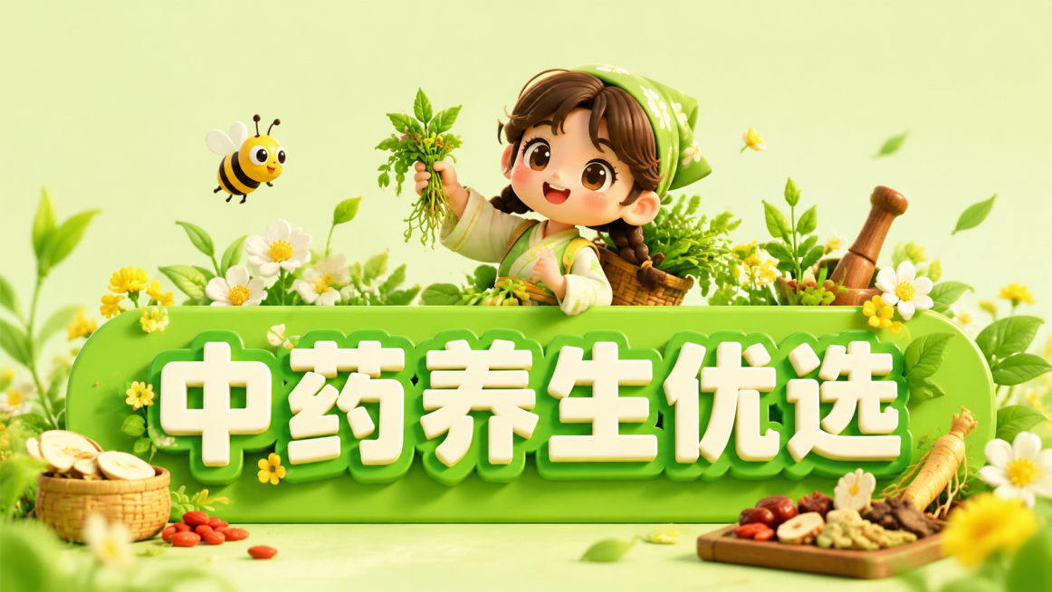 促销活动标题设计，按照参考图色块排版，主标题文字"中药养生优选"放在绿色色块范围内，只参考排版不参考颜色，画面元素靠近色块排列，卡通风格，背景浅绿色，主体文案绿色和黄色为主，点缀蜜蜂、花朵、采药、中药预览效果