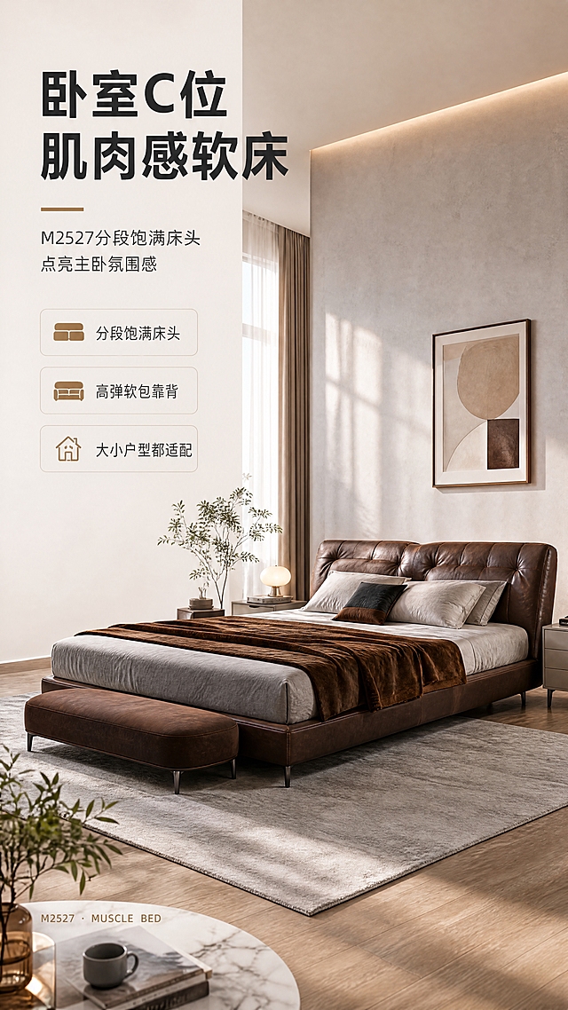 [商品] 使用【图1】M2527肌肉床；保留分段饱满床头、软包靠背、高脚设计、深棕色皮质/布艺质感、床体结构比例与颜色；商品处理：自然理顺面料垂坠与缝线，增强皮面/布艺纹理质感、金属脚架光泽，不改变床的版型、结构和颜色。
[画面] 目标：卧室氛围感C位头图，突出肌肉床整屋颜值。构图：左文右景竖版9:16，左侧约1/3竖列文案区，右侧大场景卧室。主体：肌肉床位于画面右侧中心，占画面约60%，床头朝向左侧略偏正面。场景：现代轻奢明亮卧室，浅灰色墙面、木地板，搭配同色系床头柜、台灯、绿植、装饰画、地毯，三层以上软装层次。光线：清晨暖白自然光从左侧窗洒入，柔和明亮，整体亮色调。阅读动线：左上主标题→副标题→亮点条→右下产品主体。
[视觉] 套系策略：风格=现代轻奢亮调家居商业摄影；标题字=现代无衬线粗黑体；正文字=简洁无衬线体；主色=暖白+浅灰+奶茶棕；背景延展=基于暖白浅灰做深浅层级、同色渐变和细腻墙面/织物质感；强调色=奶茶焦糖色，仅用于小面积图标、引线、标签和局部光效；标题色=深炭灰；正文色=中暖灰；组件=圆角浅底信息卡、细线引线、胶囊卖点框；光影=左前侧暖柔光，整体明亮通透。
[文字] 左上竖列文案区：主标题「卧室C位 肌肉感软床」（8字）；副标题「M2527分段饱满床头 点亮主卧氛围感」（16字）；亮点条3条：「分段饱满床头」「高弹软包靠背」「大小户型都适配」，配小图标。底部小字系列角标「M2527 · MUSCLE BED」。文字均横排，不遮挡床头主体。
[规格] 图片比例9:16竖版，4K分辨率，淘宝/天猫详情页适配，中文文案。避免变形、错字、文字过小、冷蓝/冷灰主色、床结构失真、暗调压抑。
