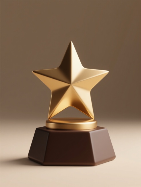 简约现代风格的金色奖杯，奖杯主体为五角星造型，底部搭配深棕色六边形底座，整体采用3D渲染技术，表面呈现出光滑细腻的金属质感，高光与阴影过渡自然，光线从左上方照射，形成明显的明暗对比，纯色背景，奖杯在画面中居中规整排布，单一元素图案设计，突出奖杯的立体感与精致工艺。预览效果