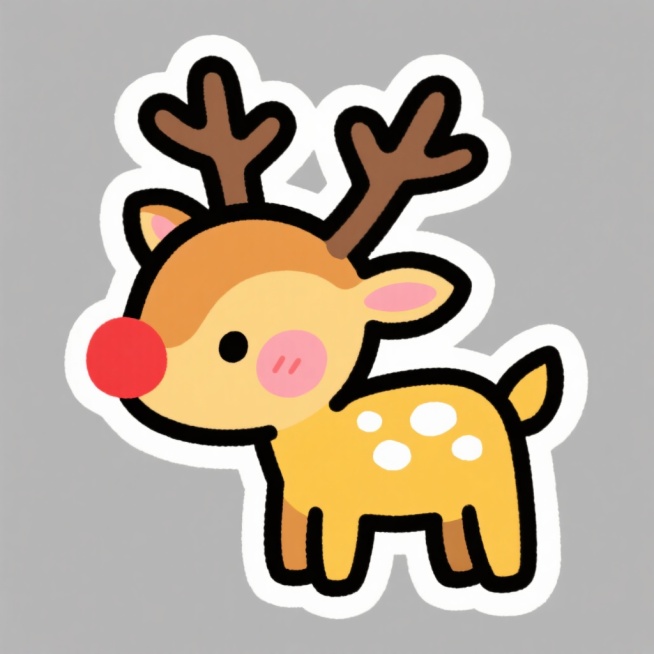 一只可爱的卡通小鹿，红色的鼻子，棕色的鹿角，黄色的身体带有白色斑点，脸颊有粉色红晕，黑色的轮廓线，白色的边缘光晕，灰色背景，整体风格为手绘儿童绘画涂鸦风格，带有描边预览效果