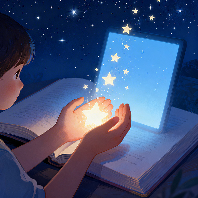 深蓝色的夜空中繁星点点。一双孩子的手，小心翼翼地从一本打开的书和一块发光的屏幕之间，捧起一团柔和而明亮的光。这团光逐渐化作一个独特的小小星辰，脱离书本与屏幕的轮廓，独自闪耀在星空之中。背景中，书本与屏幕的轮廓渐渐淡去，画面梦幻治愈，光影层次丰富，氛围感十足