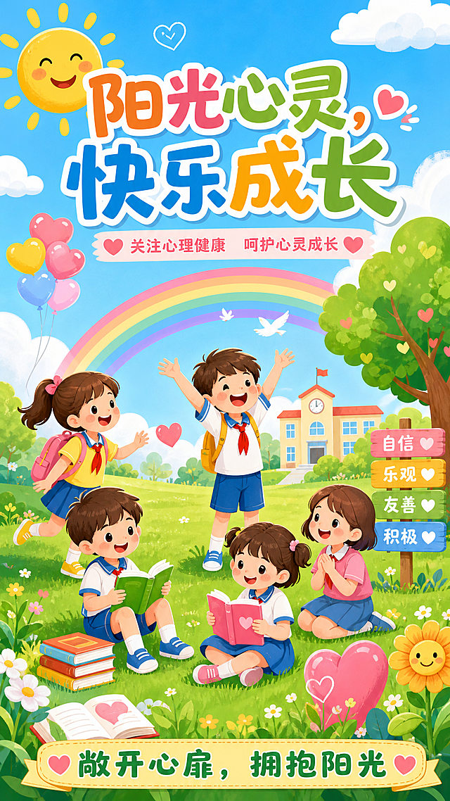 小学生心理健康主题电子海报，主题为"阳光心灵，快乐成长"，口号是"敞开心扉，拥抱阳光"，整体风格活泼明亮，卡通风格，适合小学生，配色清新，顶部醒目大字写主题，底部放置口号