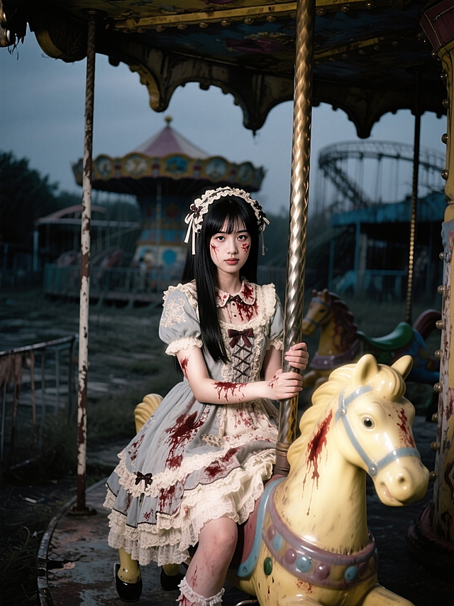 暗调破旧荒凉的游乐园，女生（洛丽塔重工连衣裙，配套的发饰，脸上有仿真血迹）坐在泛黄的旋转木马上。全景。