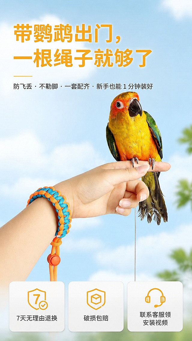 [第1屏] 详情页首屏KV，鹦鹉放飞绳套装产品宣传海报。本屏使用【图1】作为产品主体参考构图，width 1080 height 1920
[氛围/风格] 清新户外宠物用品风格，商业实拍质感，自然蓝天背景，明亮通透
[元素布局] 画面主体为人手托住鹦鹉，鹦鹉站立在手指上，鸟脚环和牵引绳清晰可见，彩色编织手环佩戴在手腕上，主标题文字位于画面上方，不遮挡产品和鹦鹉主体，底部排列三个圆角信息卡片展示信任标签，产品结构、颜色、配件与输入商品图一致
[光影质感] 自然光顺光拍摄，明亮均匀，主体清晰，自然阴影增强层次感
[配色色系] 全局底色为浅蓝天色，主色为暖橙黄色，辅助色为白色文字，浅灰色卡片背景
[视角构图] 平视角度，鹦鹉位于画面上半部，人手占据下半部，阅读从上到下，主体突出
[文字版式] 主标题「带鹦鹉出门，一根绳子就够了」，副标题「防飞丢 · 不勒脚 · 一套配齐 · 新手也能 1 分钟装好」，底部三个圆角卡片分别标注：✅ 7天无理由退换、✅ 破损包赔、✅ 联系客服领安装视频，文字清晰，不遮挡主体
[比例分辨率] 9:16 4K
[负向提示词] 产品变形，缺件错件，颜色偏差，文字错乱，文字过小，背景杂乱，水印