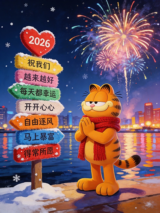 图中宠物围红色针织围巾，直立起身，双爪交握似祈福，表情虔诚 左边有彩色毛绒指示牌（顶部红心形写“2026”，往下依次写有文案“祝我们”“越来越好”“每天都幸运”“开开心心”“自由逐风”“马上暴富”“得常所愿”牌面落雪）；背景是夜空有绚丽的烟花；整体氛围热闹，充满新年的美好祝愿与烟花浪漫氛围，整体构图比例合理