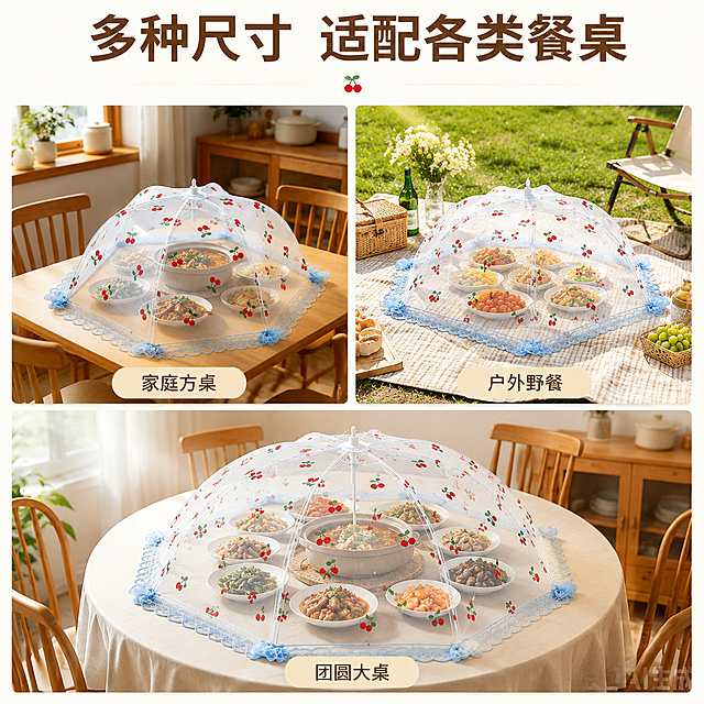 「图片1」，生成一套主图（10张），商品名称是餐桌罩，卖点是透气网纱面料，防虫防尘，风格是家居治愈风，适配拼多多平台，主图比例为1:1