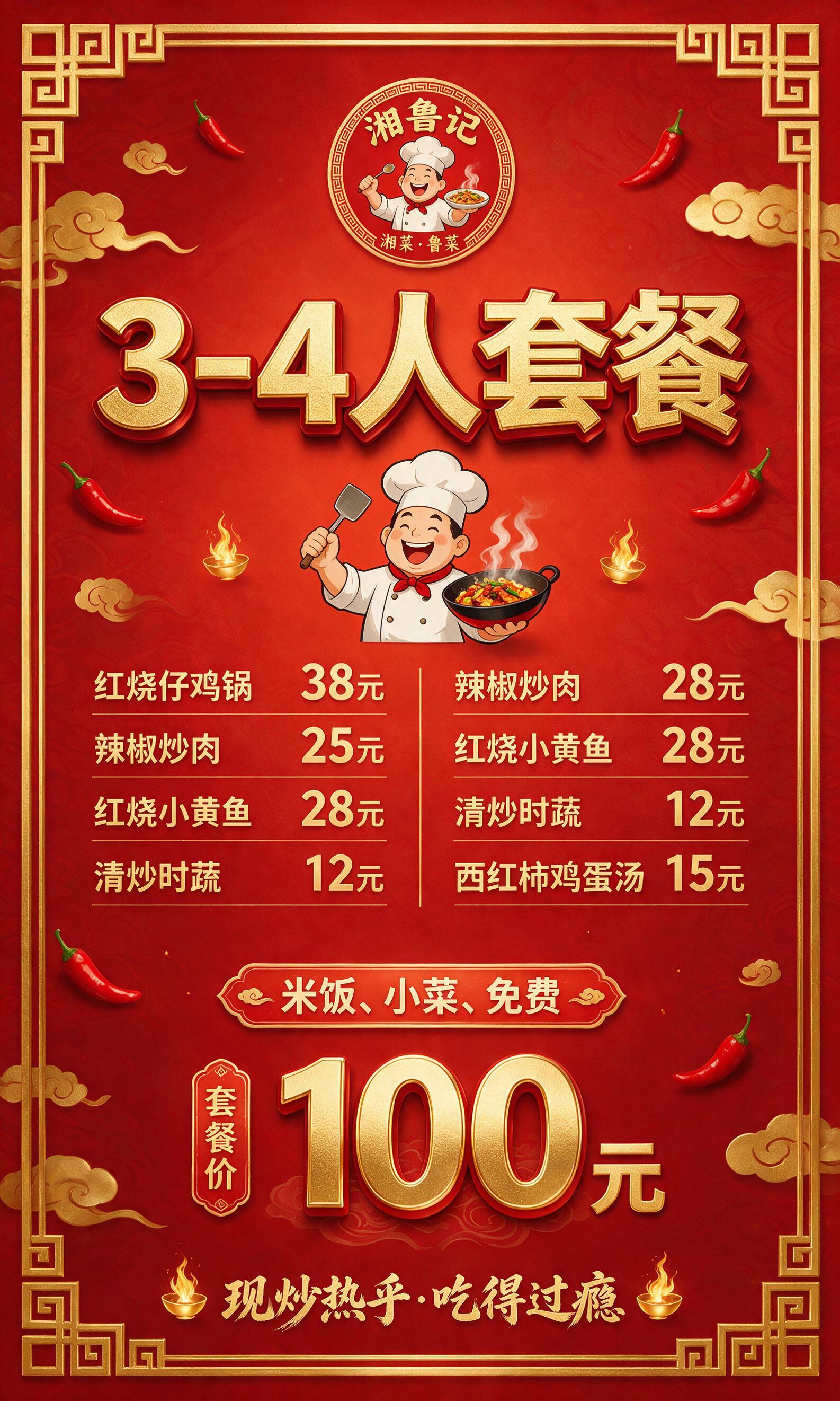 国潮红金中式餐饮3-4人套餐海报，60×100cm竖版3:5比… - 图片创意预览