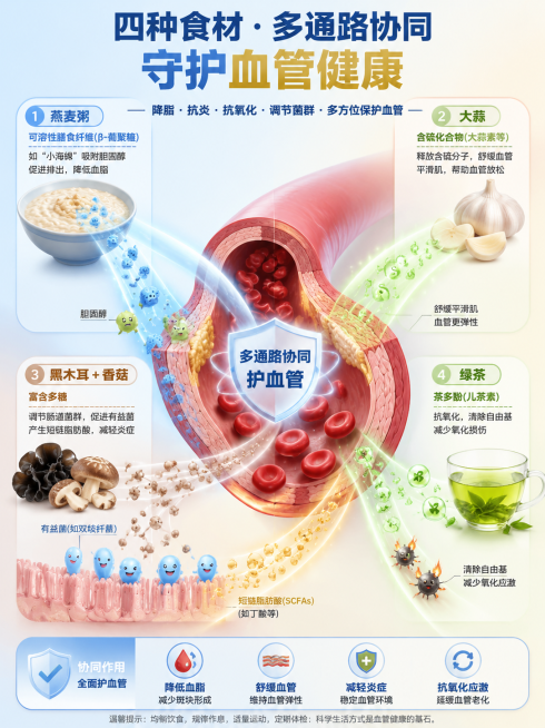 一幅机制解说式科普图解，半剖面血管为核心，血管内壁附着少量黄色斑块示意图，四条柔和光带连接四个食材图标：一碗燕麦粥释放蓝色小海绵扑向胆固醇分子；两三瓣切片大蒜散发淡绿色含硫气体分子包裹舒缓血管壁平滑肌预览效果